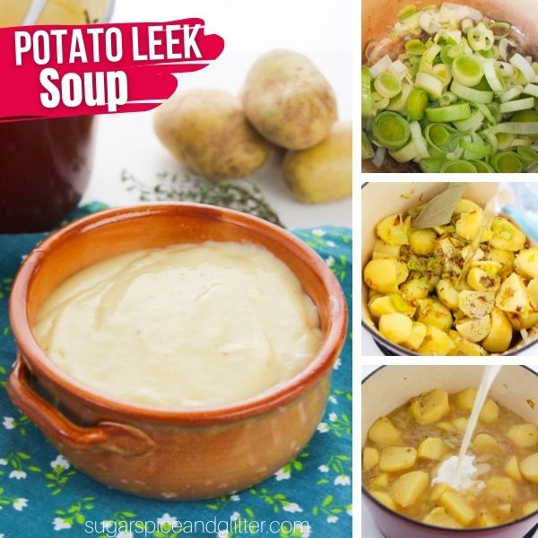 composite image of a clay bowl filled with potato leek soup plus three in-process images of how to make the recipe