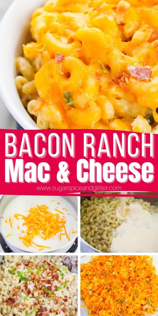 Bacon Ranch Mac and Cheese is a super easy baked mac and cheese recipe with a creamy, luscious cheese sauce seasoned with zesty, bold ranch seasoning, smoky, salty bacon and a duo of cheddar cheese and cream cheese for a sharp and tangy flavor combination.