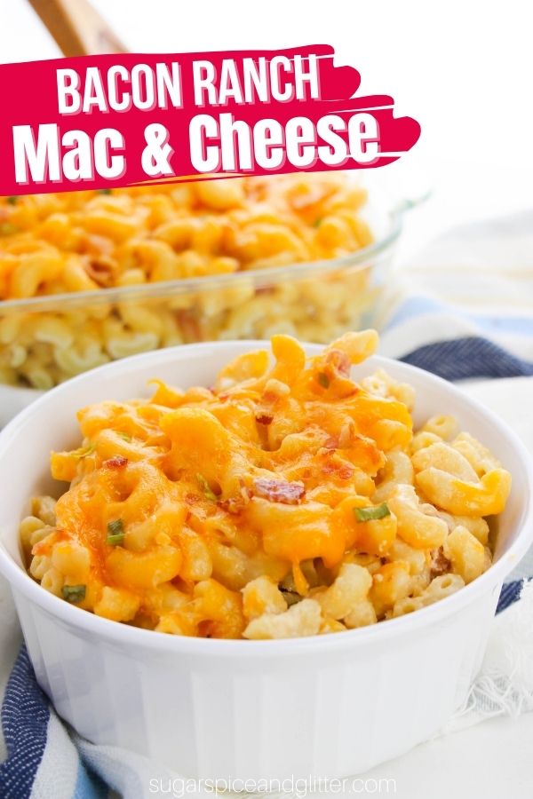 Cheddar Bacon Ranch Mac and Cheese (or “Crack Mac and Cheese”) takes only 10 minutes more to prepare than boxed mac and cheese and tastes worlds better! It’s got it all: rich, tangy cream cheese; bold, sharp cheddar cheese; smoky, salty bacon; and zesty ranch seasoning.