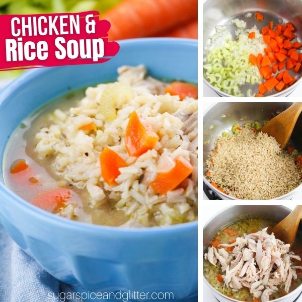composite image of a blue bowl of chicken rice soup along with three in-process images of how to make it