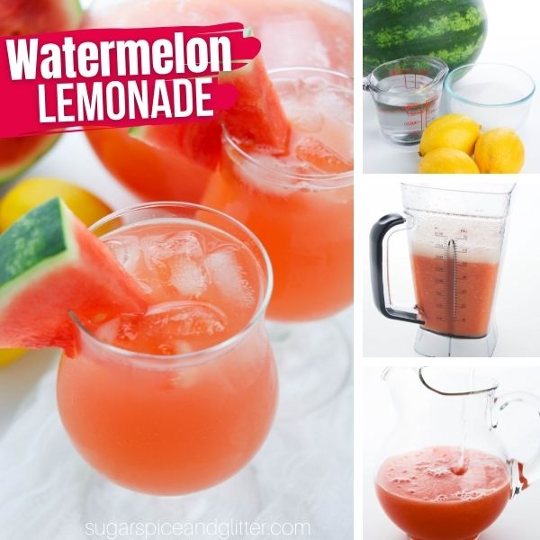 composite image of glasses of watermelon lemonade along with an image showing the ingredients to make it and two in-process images of how to make watermelon lemonade