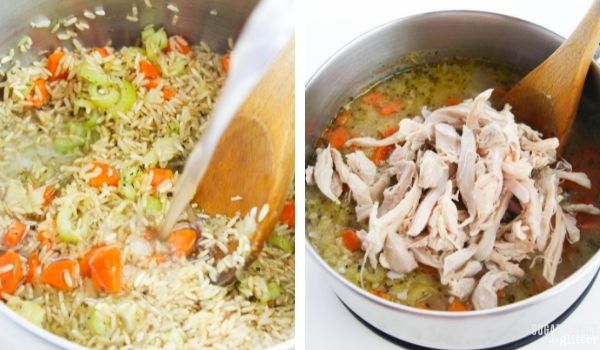 in-process images of how to make chicken and rice soup