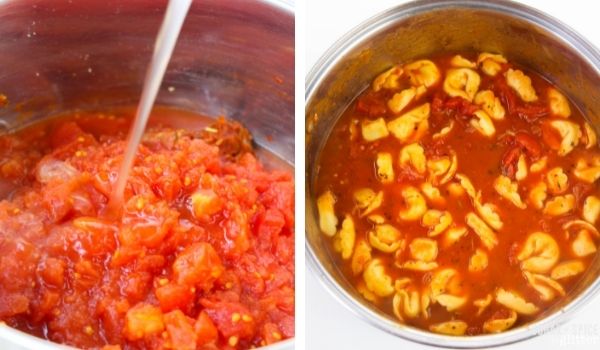 in-process images of how to make tomato tortellini soup