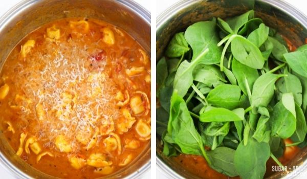 in-process images of how to make tomato tortellini soup