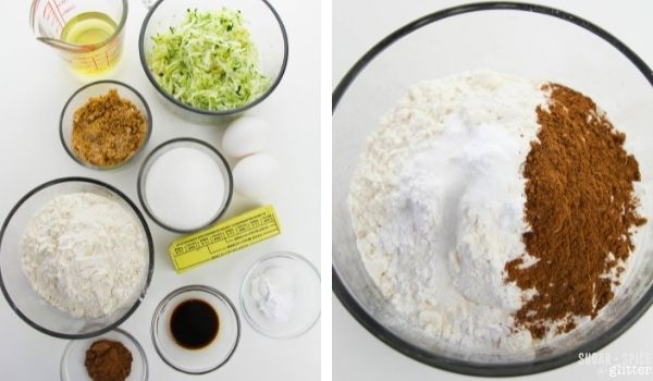 in-process images of how to make zucchini bread with streusel topping