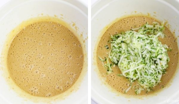 in-process images of how to make zucchini bread with streusel topping