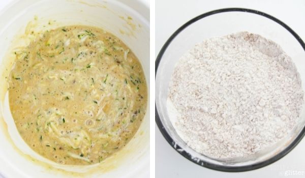 in-process images of how to make zucchini bread with streusel topping