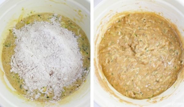 in-process images of how to make zucchini bread with streusel topping