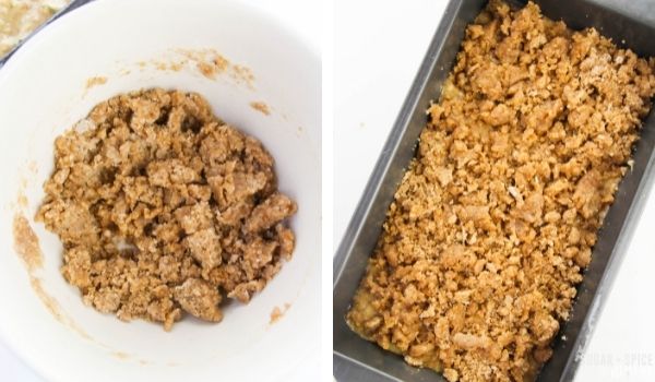 in-process images of how to make zucchini bread with streusel topping