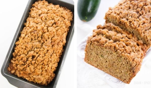 in-process images of how to make zucchini bread with streusel topping