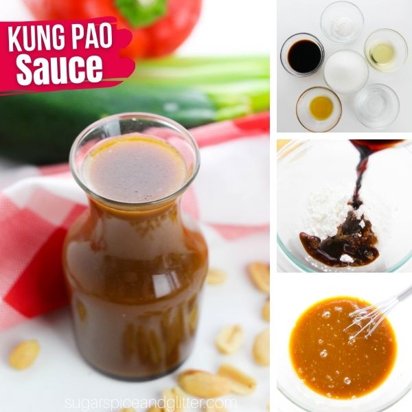 composite image showing a glass jar of Kung Pao Sauce along with three images showing how to make the recipe