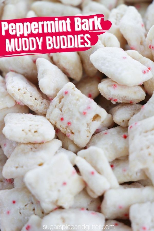 This 3-ingredient Peppermint Bark Muddy Buddy recipe is a sweet, crunchy and refreshing treat for peppermint white chocolate fans.