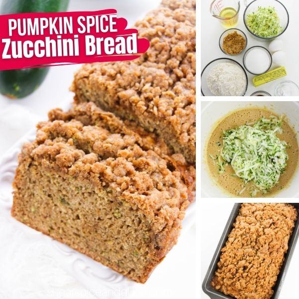 composite image of slices of zucchini coffee cake on a white platter along with three in-process images showing how to make it