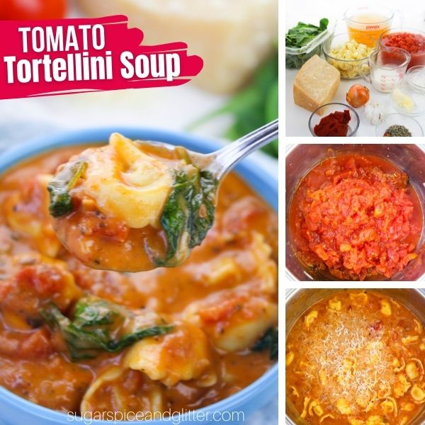Composite image of a spoon over a blue bowl filled with tomato tortellini soup along with three images of how to make it