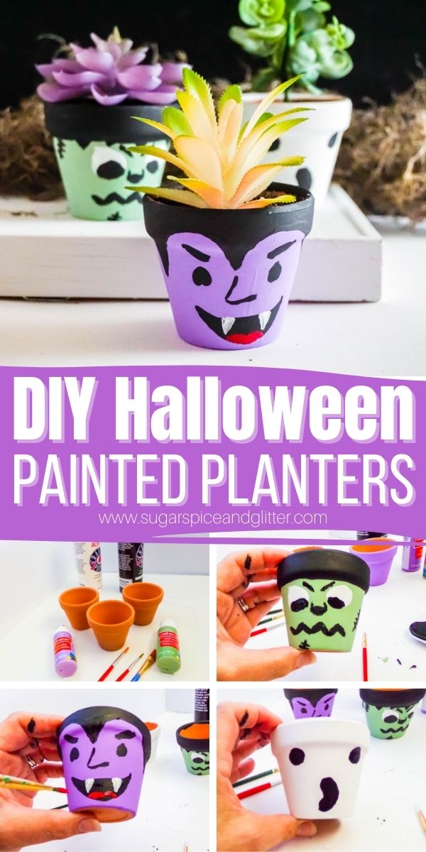 How to make DIY Halloween Painted Planters, a simple Halloween craft activity you can do with kids of any age! Kids can paint their own planter, pot their plant and then take care of their plant all season long.