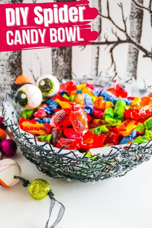 A quick and easy method for making DIY Halloween Candy Bowls for your Halloween party or trick or treating using plastic spiders.