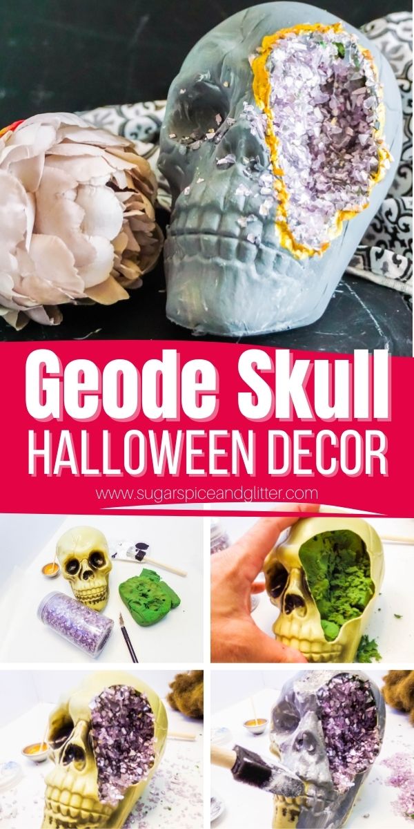 How to make a DIY Geode Skull for a unique piece of Halloween decor that is also incredibly budget friendly! Use as a standalone piece or incorporate into a wreath or floral arrangement to make this craft your own