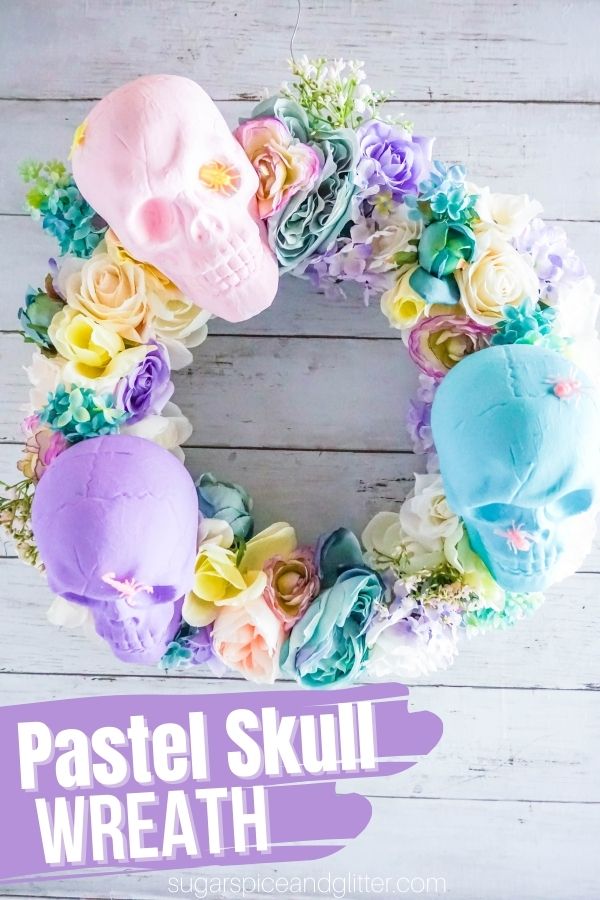 A pretty, feminine pastel wreath perfect for incorporating your Halloween decor into your existing aesthetic. This floral skull wreath is a stunning addition to your front porch and makes a gorgeous statement.