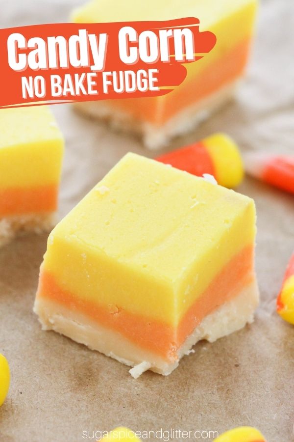 A quick and easy no-cook fudge recipe inspired by candy corn, this sweet vanilla fudge takes less than 10 minutes to whip up and is the perfect fall dessert for your Halloween parties or Thanksgiving gifts.