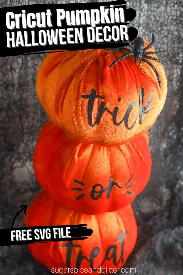 A super simple stacked pumpkin craft perfect for adding some fun to your DIY Halloween decor. Grab our free Trick or Treat SVG cut file and make yourself a stack of soft pumpkins to greet your guests!