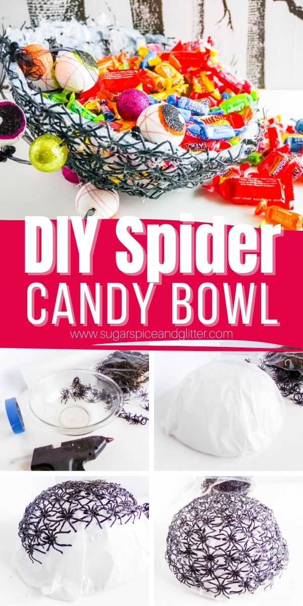 How to make a DIY candy bowl using plastic spiders or spider rings, a quick and easy idea if you need a couple extra treat bowls for your party.