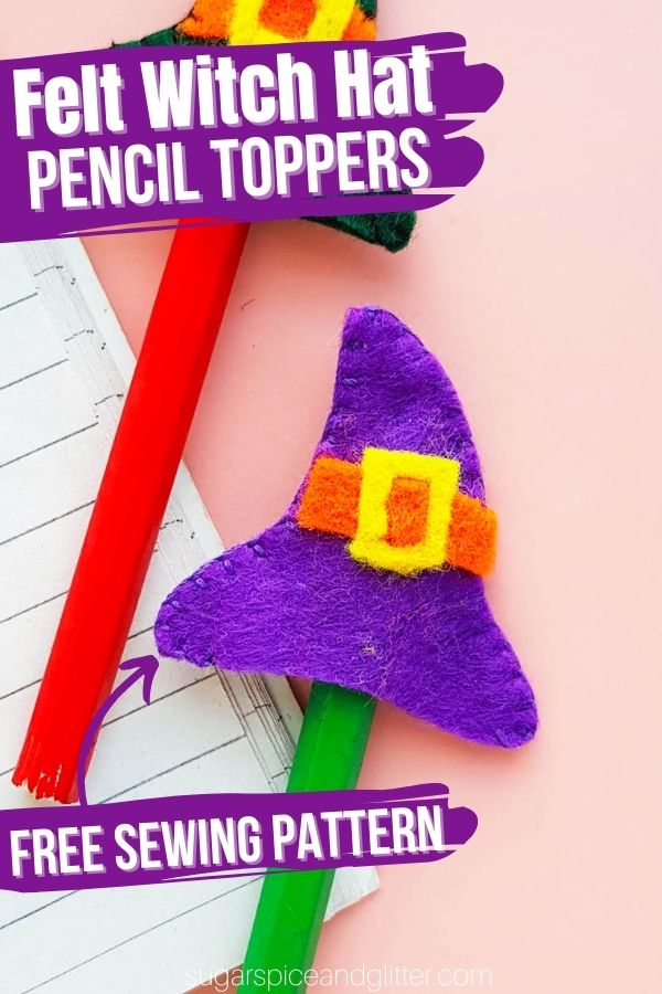 A quick and easy Halloween sewing project for kids, this Felt Witch Hat Pencil Topper can also be used to make witch hat hair clips, backpack charms, or little hats for toys.