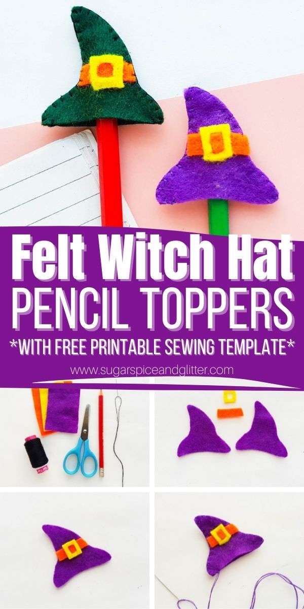 How to make mini felt witch hats for Halloween. Make into pencil toppers, hair clips, backpack charms or little hats for their toys using just a couple materials and a simple whip stitch