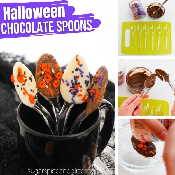 composite image of a mug full of Halloween chocolate spoons on a black web fabric along with three in-process images of how to make them