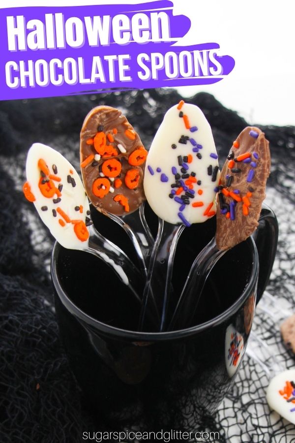 Halloween Chocolate Spoons make a cute activity for a Halloween party - and then double as a fun take-home treat; or make them as a Boo Gift!