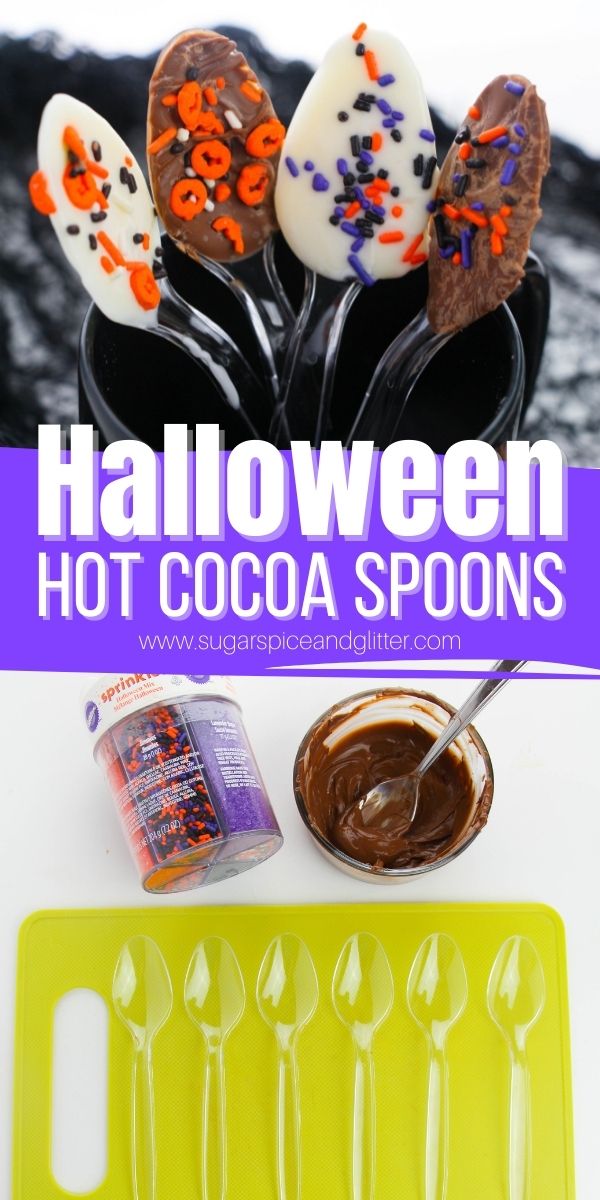 Halloween Chocolate Spoons are a fun no-bake Halloween treat that can be enjoyed like a lollipop or stirred into a hot beverage to impart a light chocolate flavor.