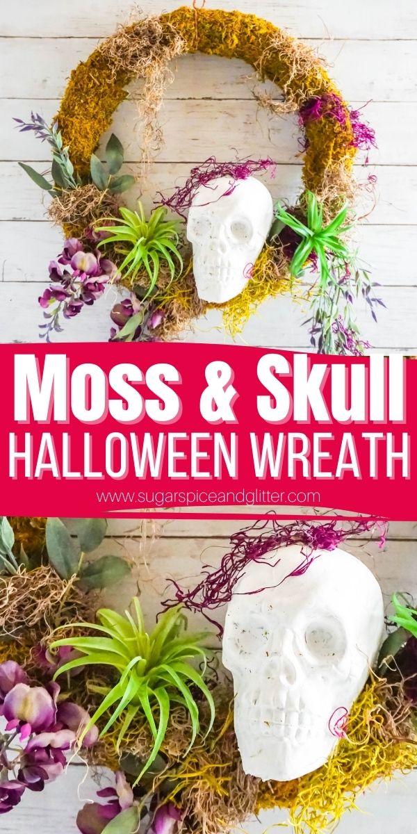 How to make a moss and skull wreath, the perfect Halloween wreath for farmhouse-style homes. This natural-looking wreath avoids the gaudy nature of most Halloween wreaths in favor of a neutral appearance with a spooky nod