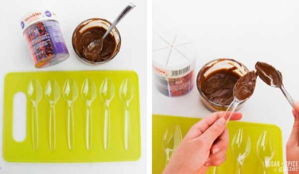 in-process images of how to make Halloween chocolate spoons