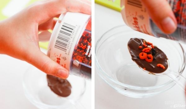 in-process images of how to make Halloween chocolate spoons