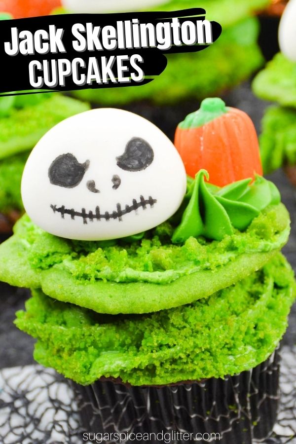 A deceptively easy recipe for Jack Skellington Cupcakes - a fun Nightmare Before Chrismas dessert perfect for your Halloween party! A spooky treat the Pumpkin King himself would approve of.