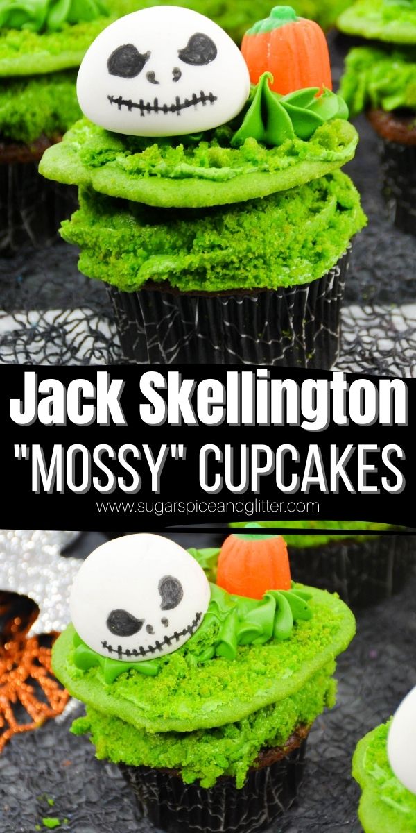 How to make Jack Skellington cupcakes - a super simple method for making mossy looking cupcakes that look picked straight from the pumpkin patch! These cute Halloween cupcakes are simple enough for the kids to help make and will be a hit at any Halloween event you serve them at.