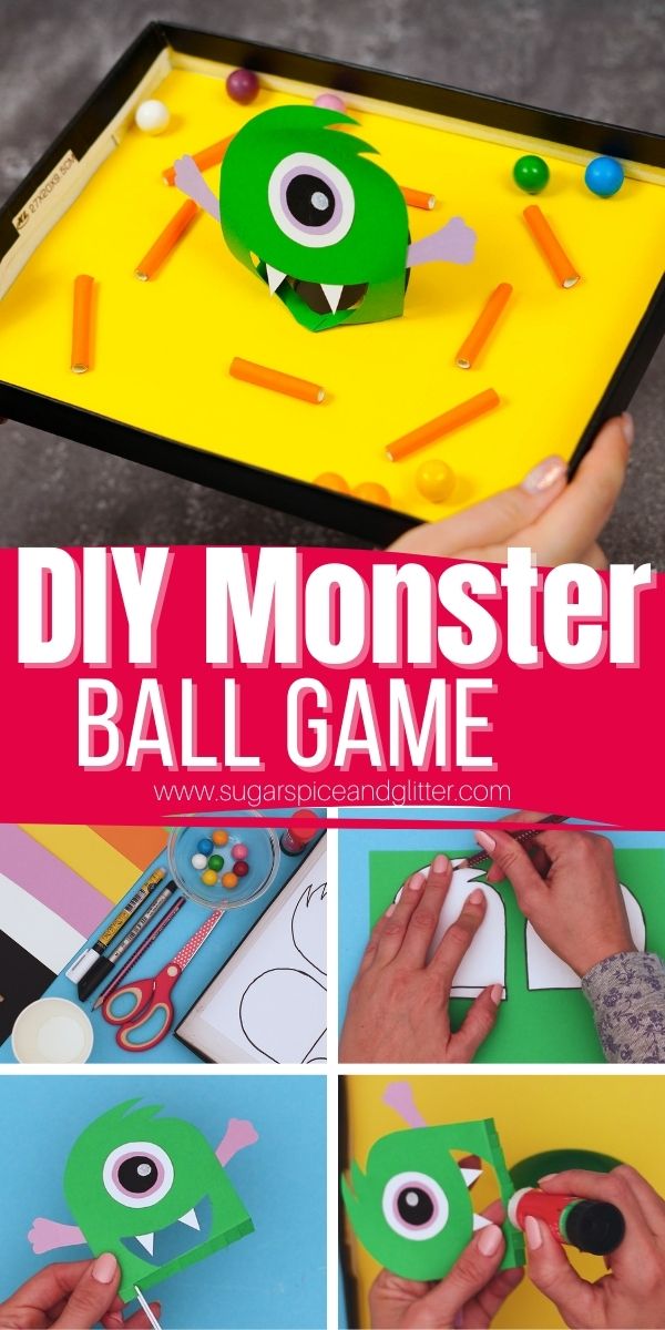 How to Make a DIY Montster Pinball Game for kids - a fun Halloween game or a Monsters Inc inspired craft perfect for a Disney Movie Night. Any monster loving kid will love getting to feed gumballs to the hungry monster!