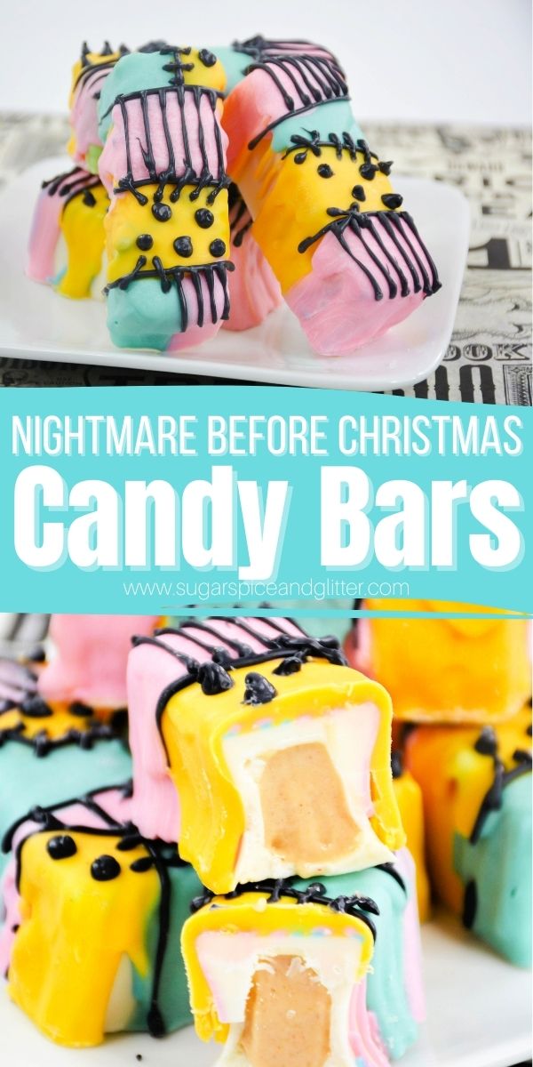 A deceptively simple method for making the cutest Nightmare Before Christmas dessert, these Sally Candy bars feature a white chocolate shell and peanut butter nougat filling and are decorated to look like Sally's iconic patchwork dress. These homemade candy bars look complicated but couldn't be easier to whip up!