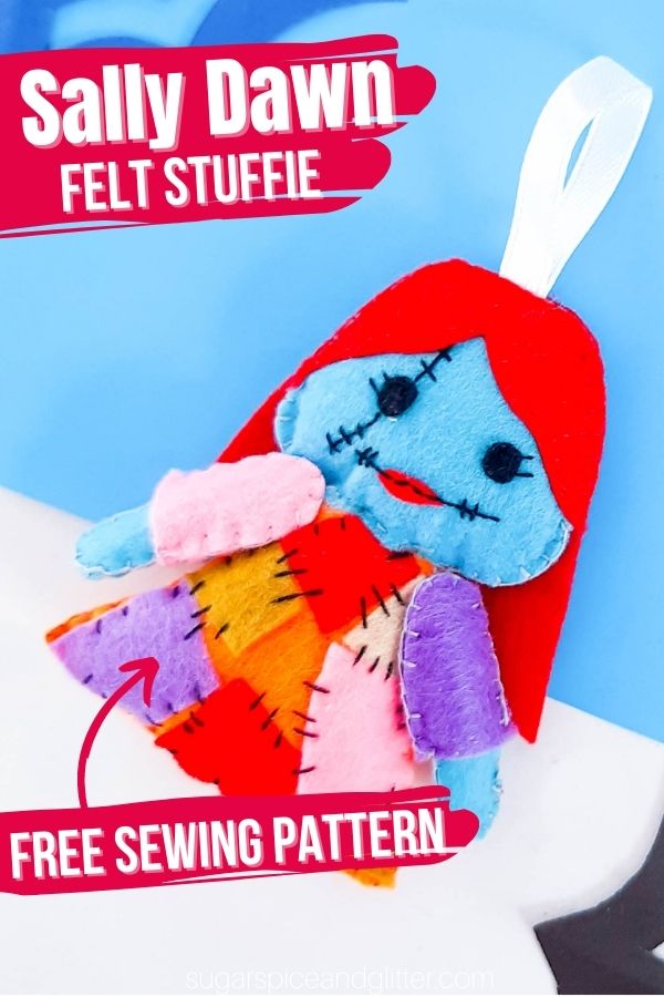 A simple and straightforward tutorial for how to sew a Nightmare Before Christmas stuffie. This Sally Stuffie uses a free printable sewing pattern to make an adorable ornament, backpack charm or pocket pal perfect for the Disney craft lover in your life.
