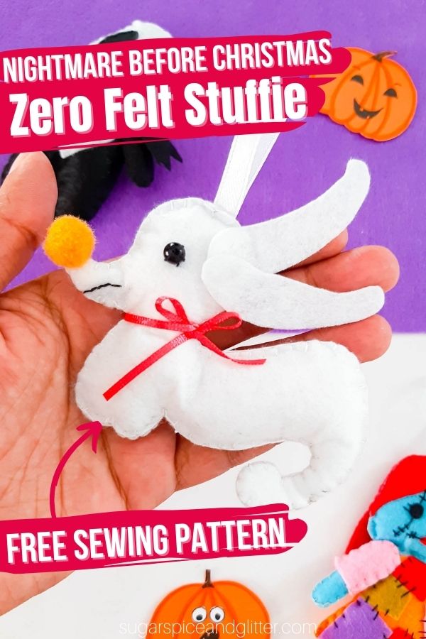 A simple and straightforward tutorial for how to sew a Nightmare Before Christmas stuffie. This Zero Stuffie uses a free printable sewing pattern to make an adorable ornament, backpack charm or pocket pal perfect for the Disney craft lover in your life.