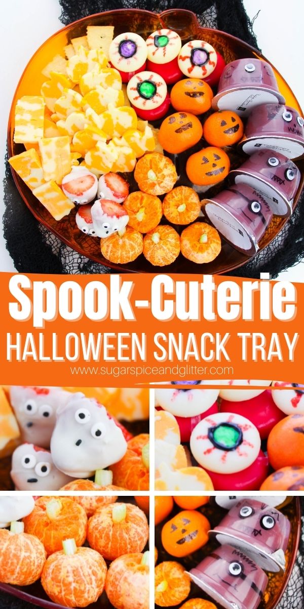 How to make a Spookcuterie Board, a fun Halloween Snack Tray for kids with themed Halloween fruit and cheese treats to offset all of the sugary treats the kids will be enjoying this season.