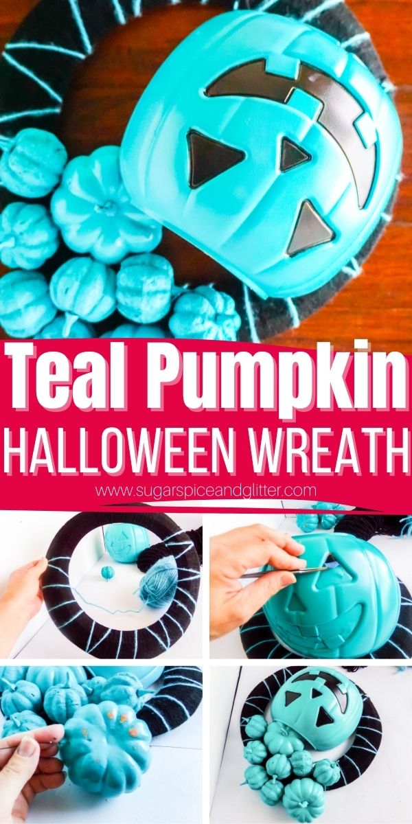 How to make a teal pumpkin wreath to let trick or treaters know that your house is passing out allergy-friendly treats. This simple teal pumpkin decor piece can be used year after year and is a cute way to decorate your front porch for fall.