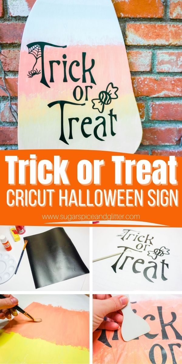 How to make a Candy Corn trick or treat sign using our free Cricut Trick or Treat SVG file. A simple $1 Halloween decor craft that can be made last minute