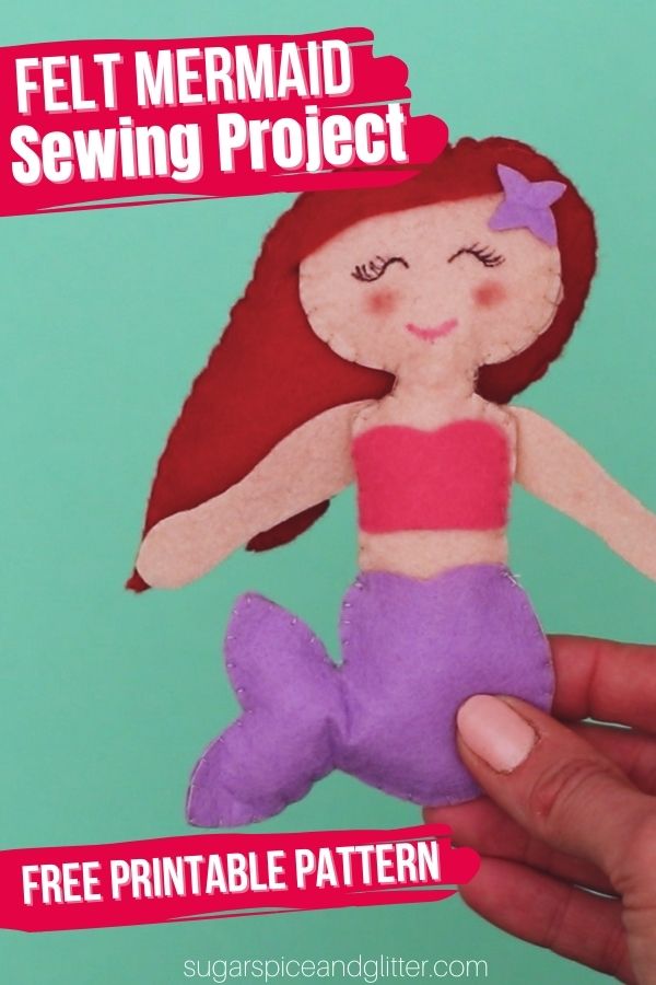 An easy felt sewing project for kids, this Mermaid Sewing Project comes with a free printable mermaid sewing pattern - it's perfect for beginners to create their own little mermaids!