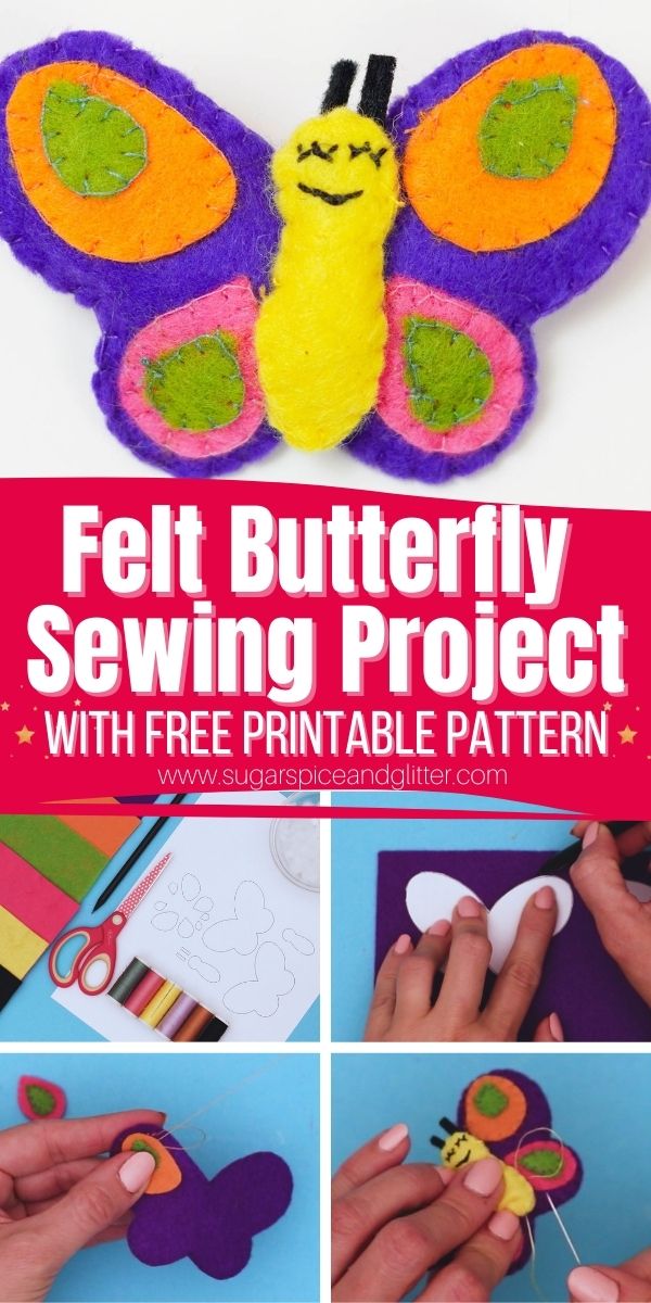 How to sew your own felt butterfly stuffie - a super simple sewing project for beginners that can be enjoyed as a toy, turned into a mobile, backpack charm, hair accessory or added to home decor.