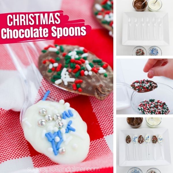 composite image of how to make Christmas Chocolate Spoons