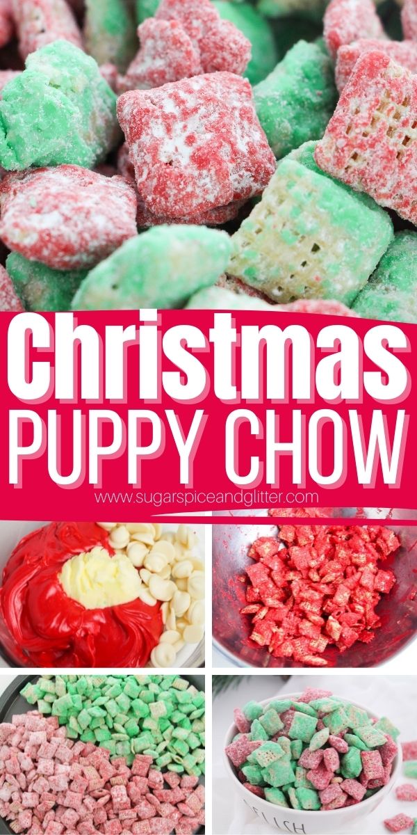 How to make Christmas Puppy Chow, a crunchy and sweet no-bake dessert that your whole family will find irresistible. The perfect treat to gift friends and neighbours this holiday season.