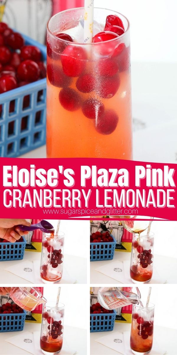 How to make a healthy pink lemonade inspired by Kay Thompson's Eloise. This Plaza Pink Cranberry Lemonade is a tart and refreshing lemonade that kids can help make