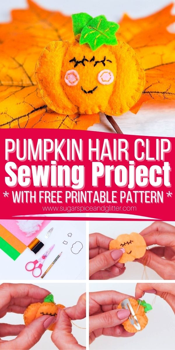 How to sew a felt pumpkin hair clip - a fun fall accessory for kids to make and wear. This easy sewing project comes with a free felt pumpkin pattern that you can use to make this hair clip or even a felt pumpkin stuffie.