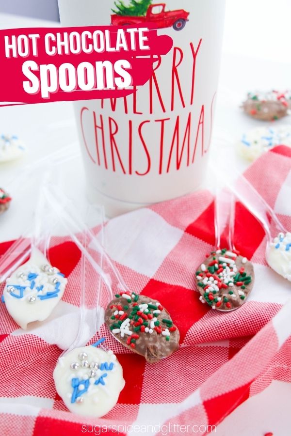 Making Christmas Chocolate Spoons is the perfect easy afterschool activity for little kids - simple, no-bake and finished in about 20 minutes. The result is cute little chocolate-garnished spoons that can be stirred into a hot drink to impart a light chocolate flavor (or just enjoyed as a chocolate lollipop).