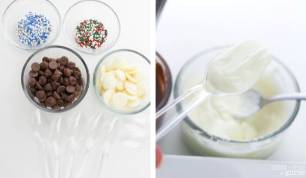in-process images of how to make Christmas chocolate spoons